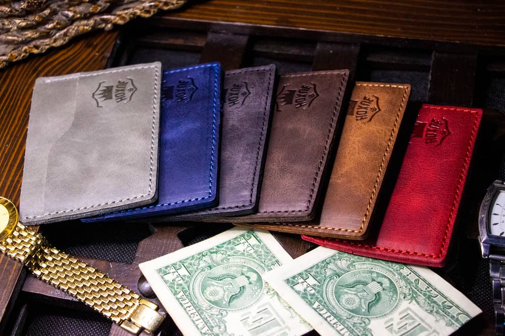 Handmade genuine leather card holders in 6 colors by Hoxne Leather — hand-stitched full-grain leather