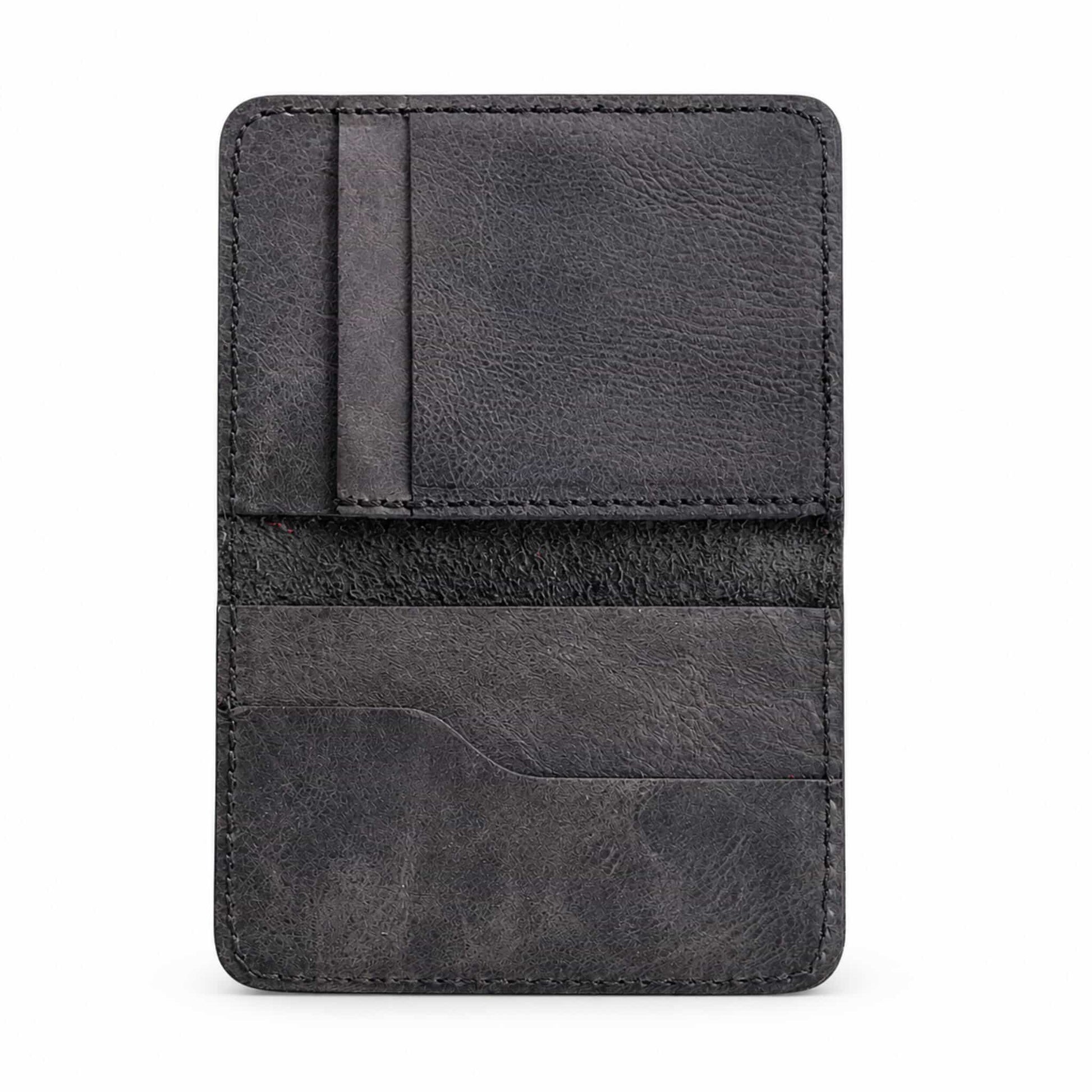Dark brown full-grain leather bifold card wallet closed view — Hoxne Leather