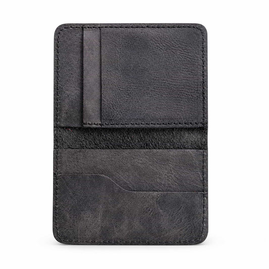 Dark brown full-grain leather bifold card wallet closed view — Hoxne Leather
