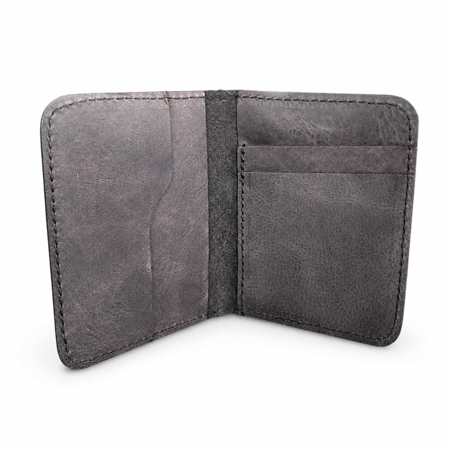 Dark brown genuine leather bifold card wallet open showing card slots — Hoxne Leather