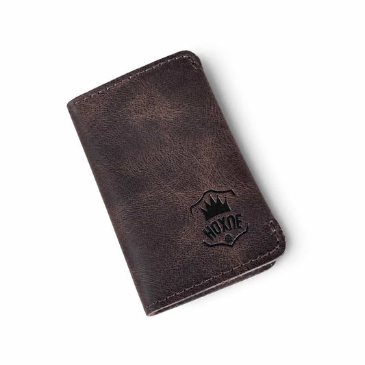 Hoxne Leather minimalist card holder in brown, front view