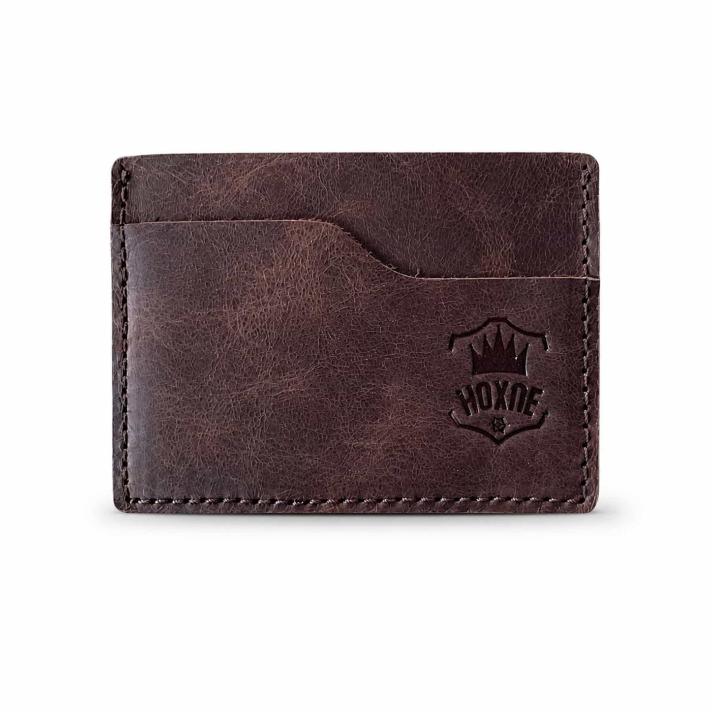 Hoxne Leather front pocket card wallet in brown, front view