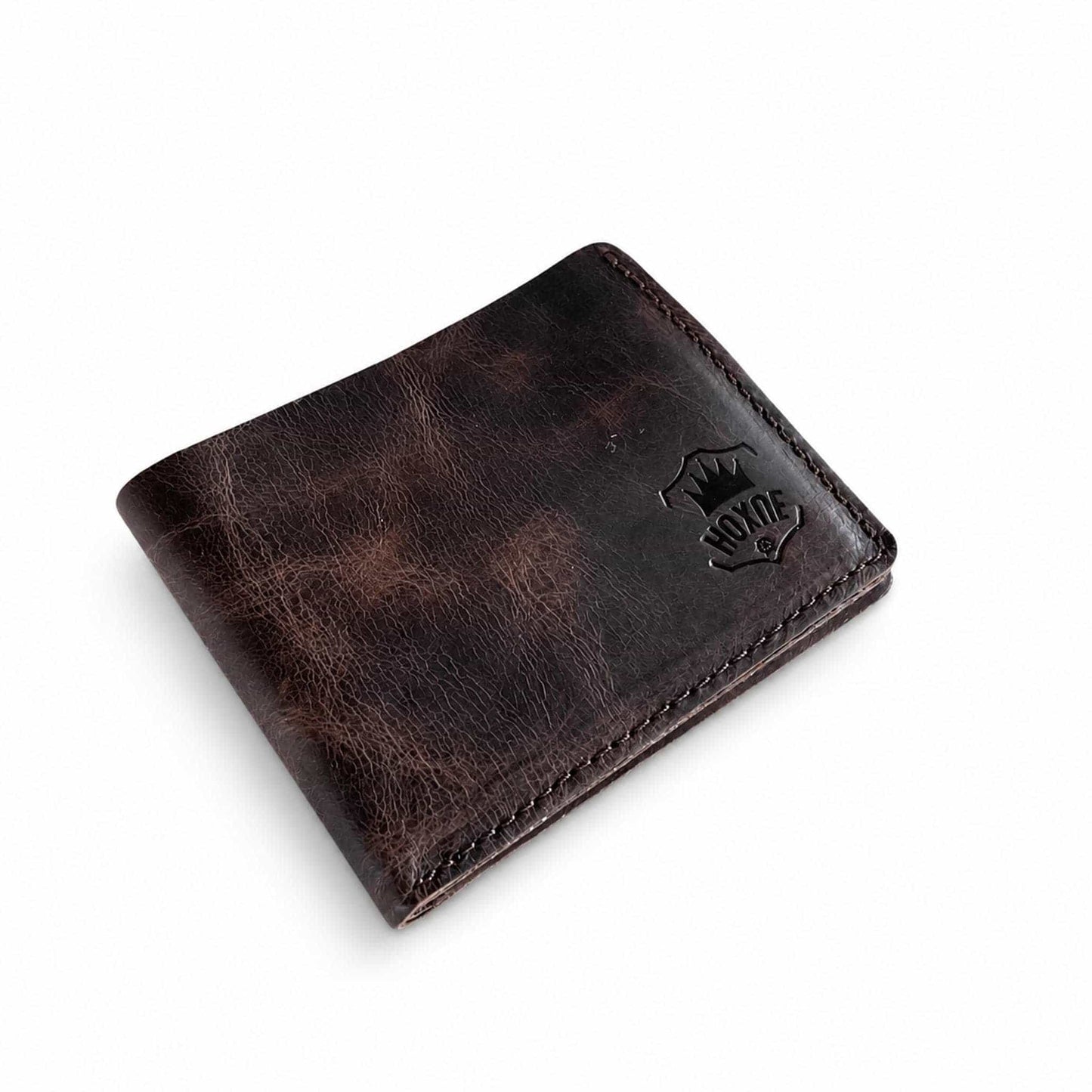 Hoxne Leather bifold wallet in brown, front view genuine leather