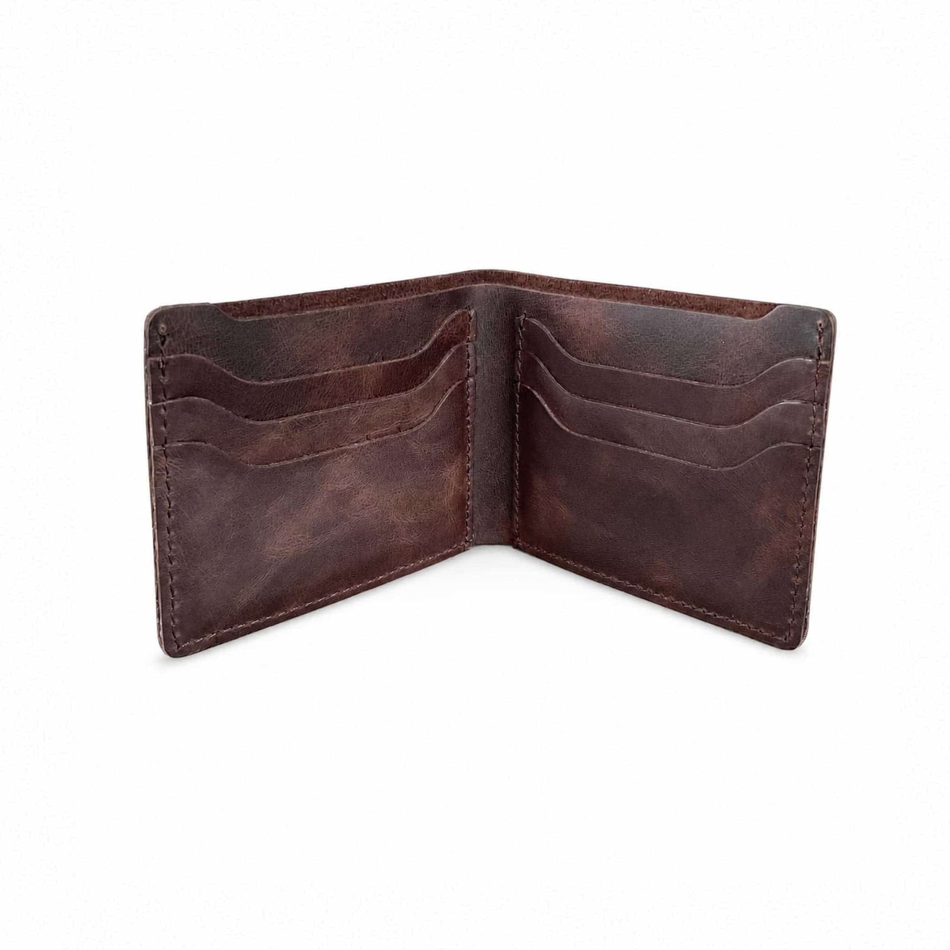 Hoxne Leather bifold wallet in brown, interior open view
