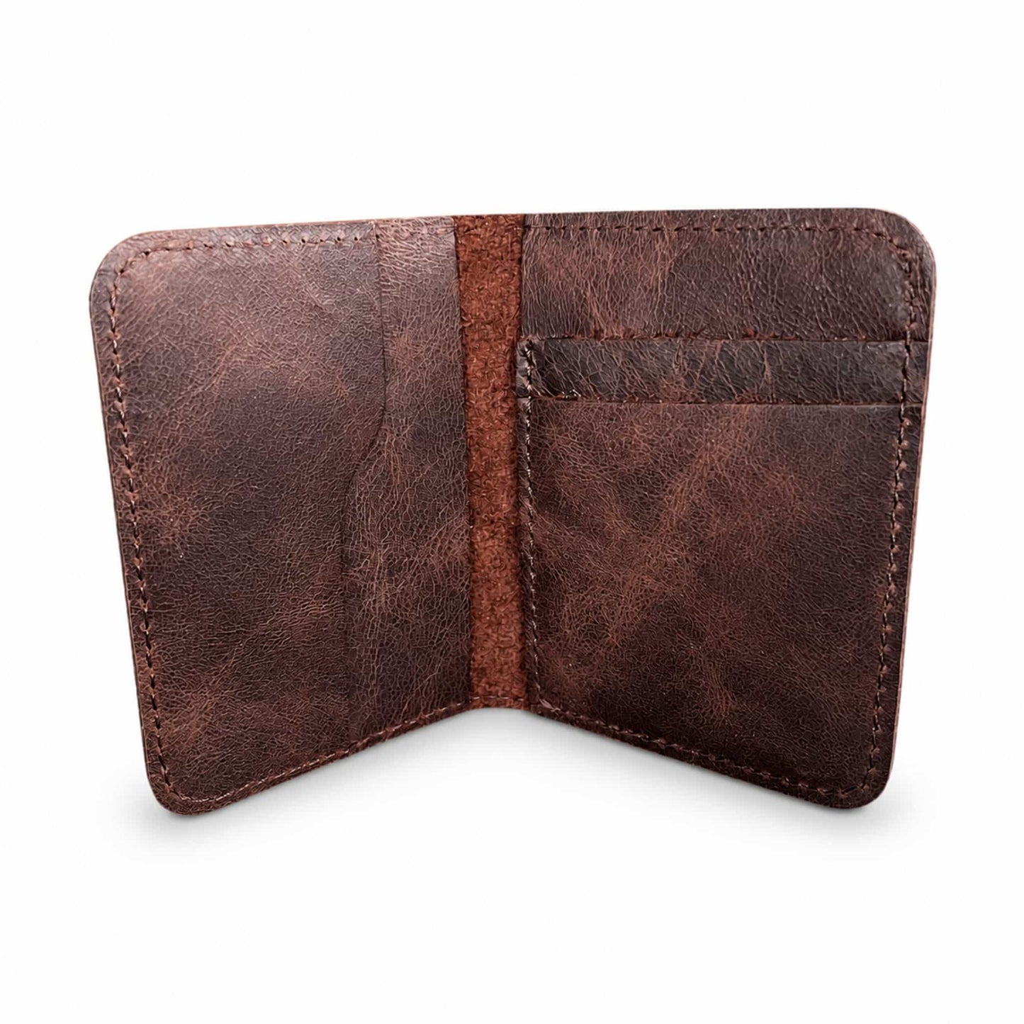 Dark brown leather bifold card wallet open interior card slots — Hoxne Leather