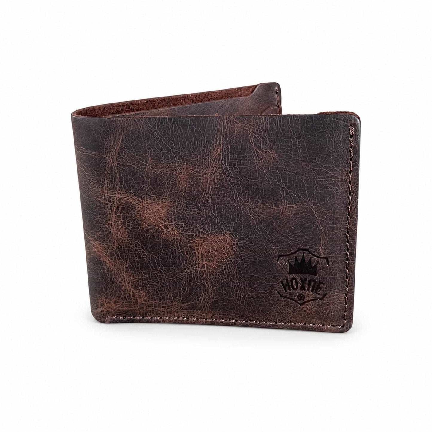 Hoxne Leather bifold wallet in brown, flat open view