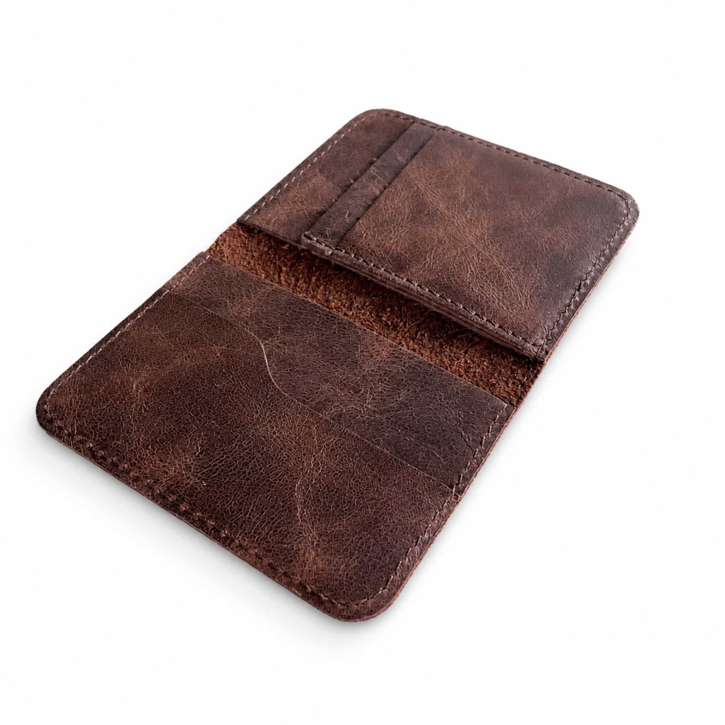 Dark brown leather bifold card wallet open interior card slots — Hoxne Leather