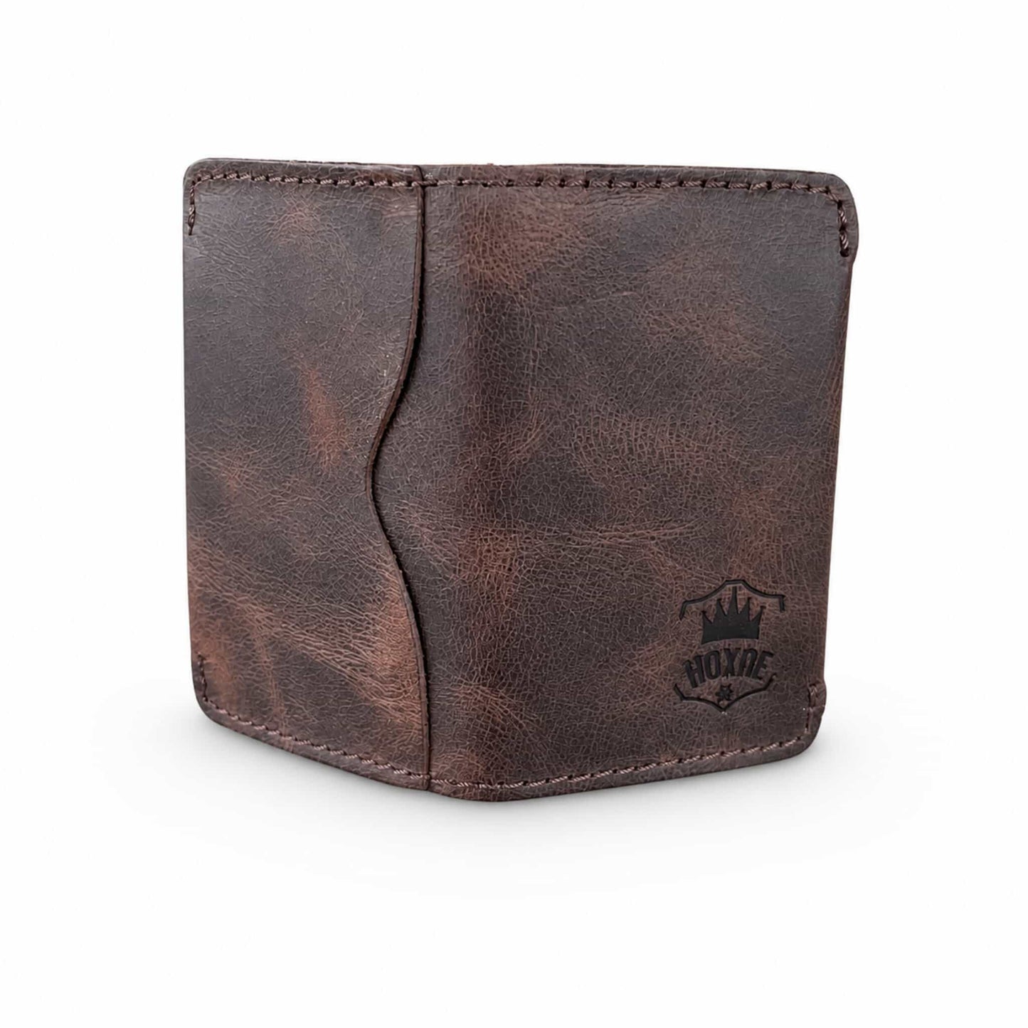 Hoxne Leather minimalist card holder in brown, angled view