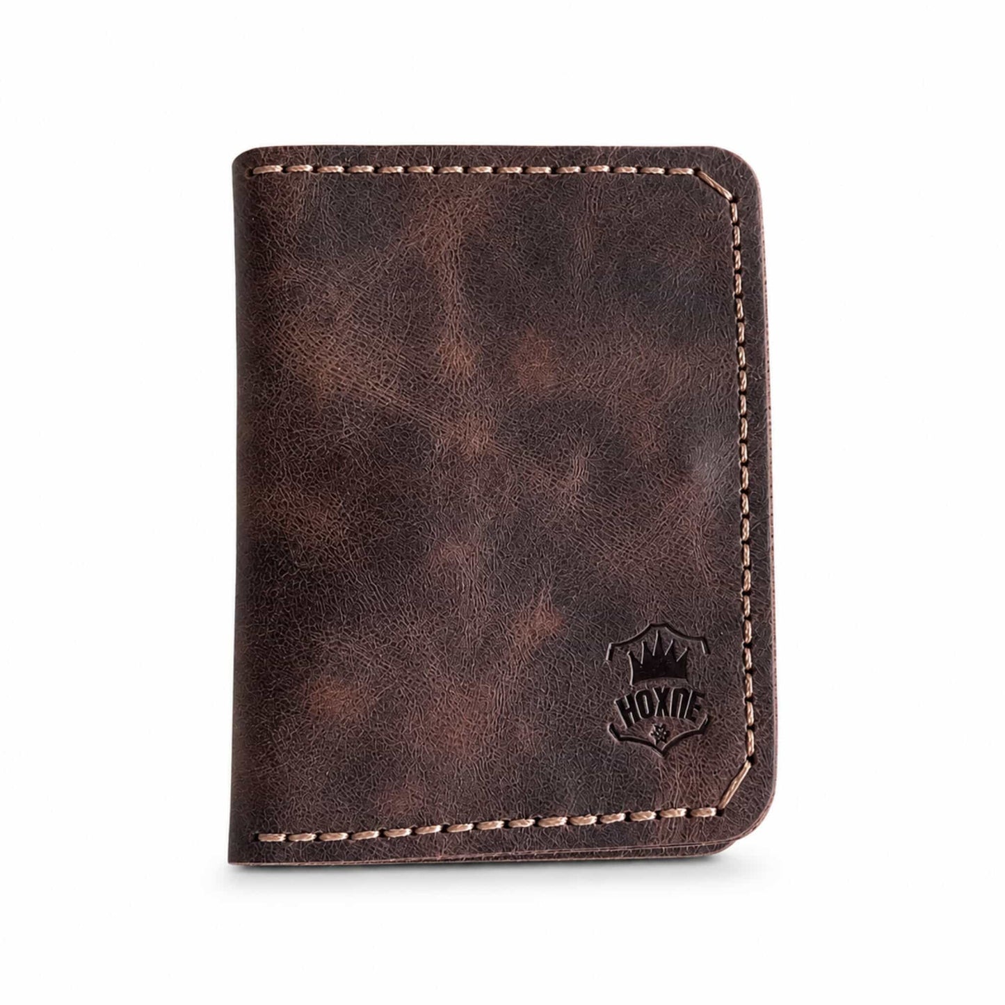 Dark brown full-grain leather bifold card wallet back view — Hoxne Leather