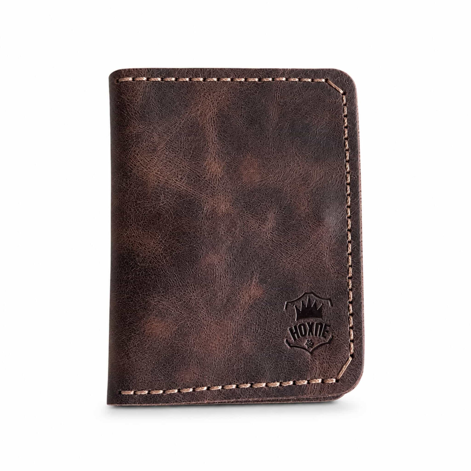 Dark brown full-grain leather bifold card wallet back view — Hoxne Leather