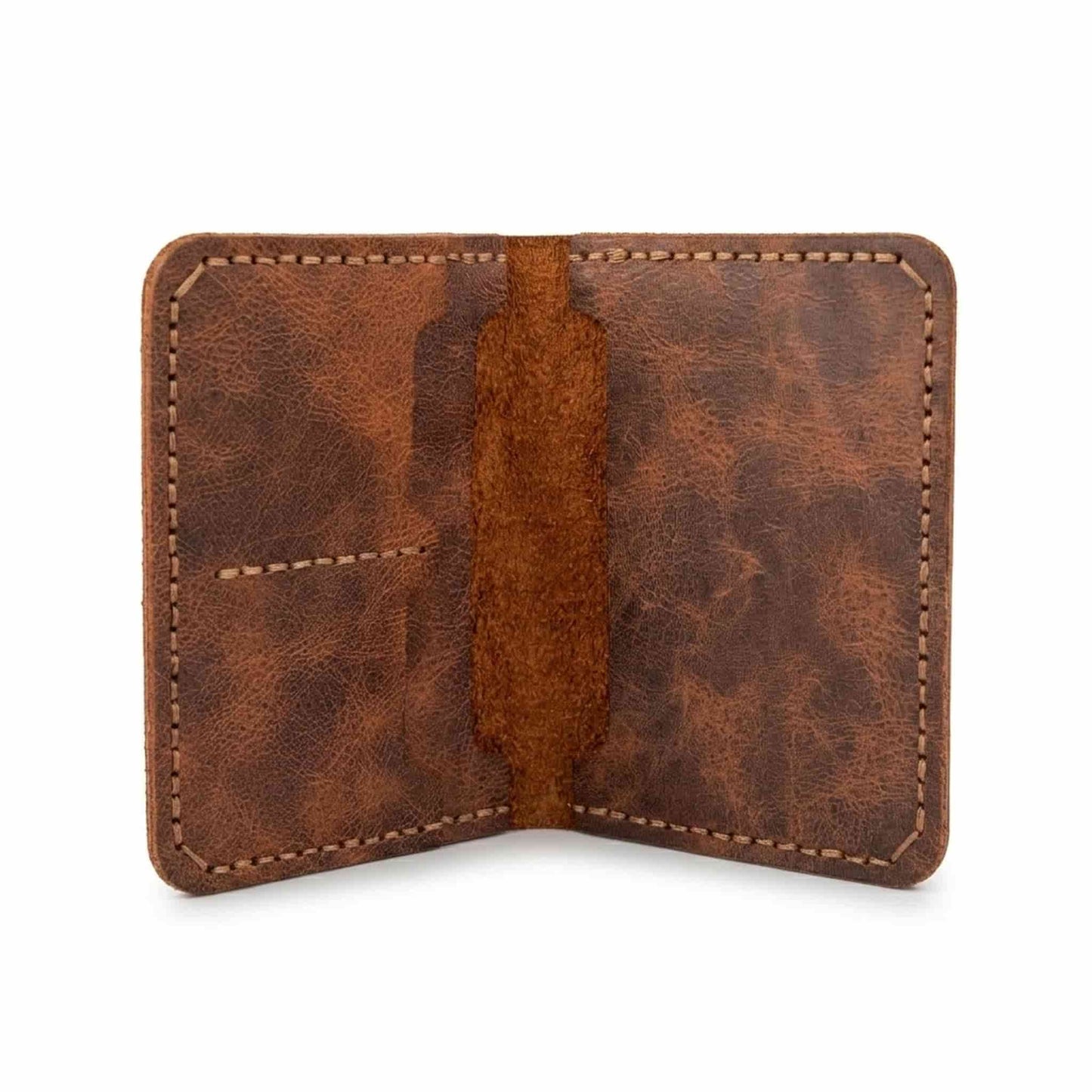 Hoxne Leather passport holder in camel, interior open view