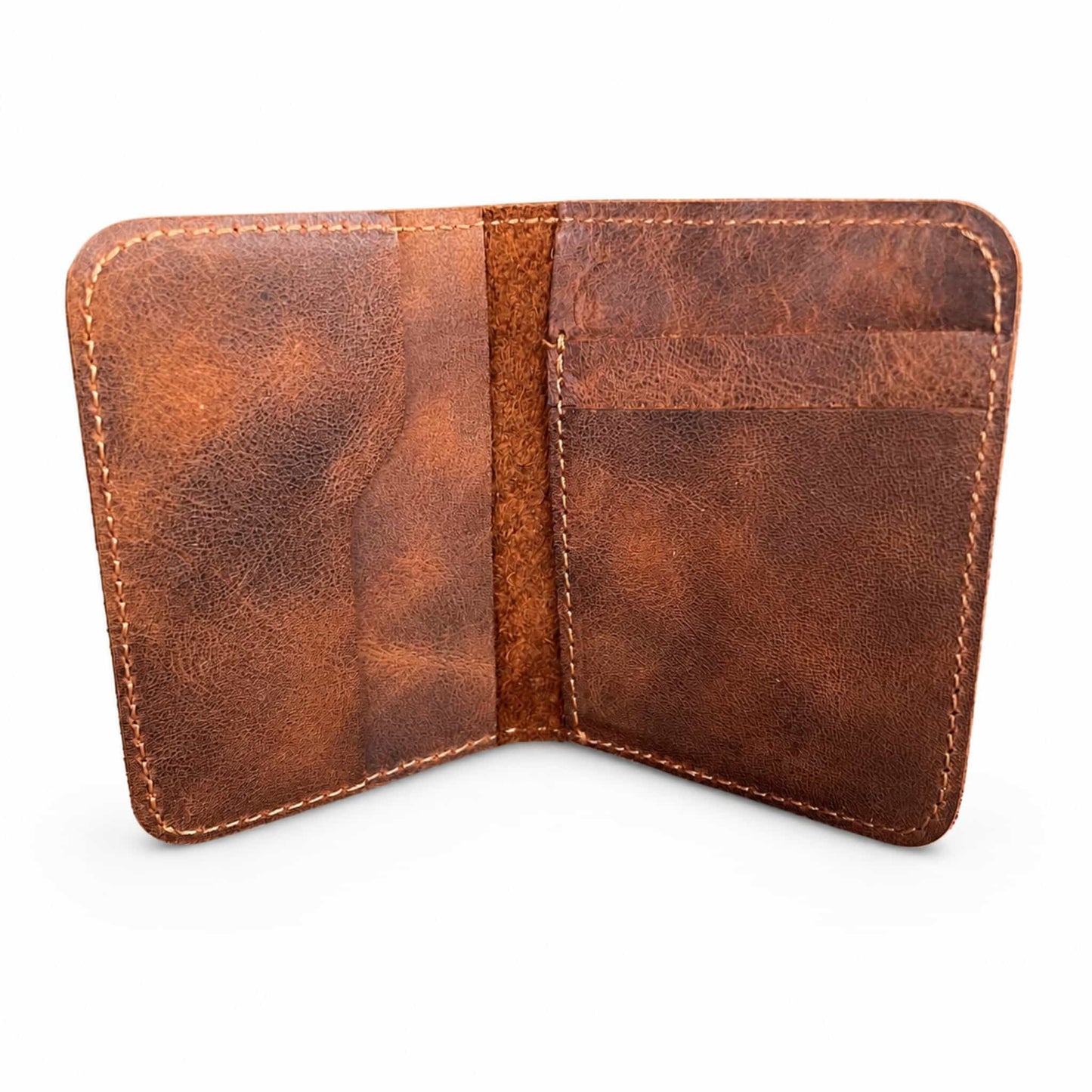 Camel tan full-grain leather bifold card wallet open view — Hoxne Leather