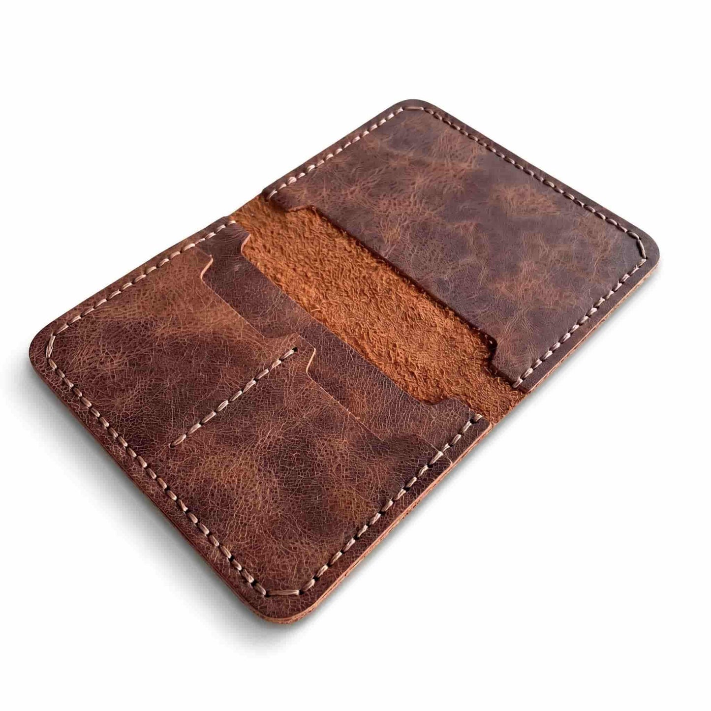 Hoxne Leather passport holder in camel, flat open view