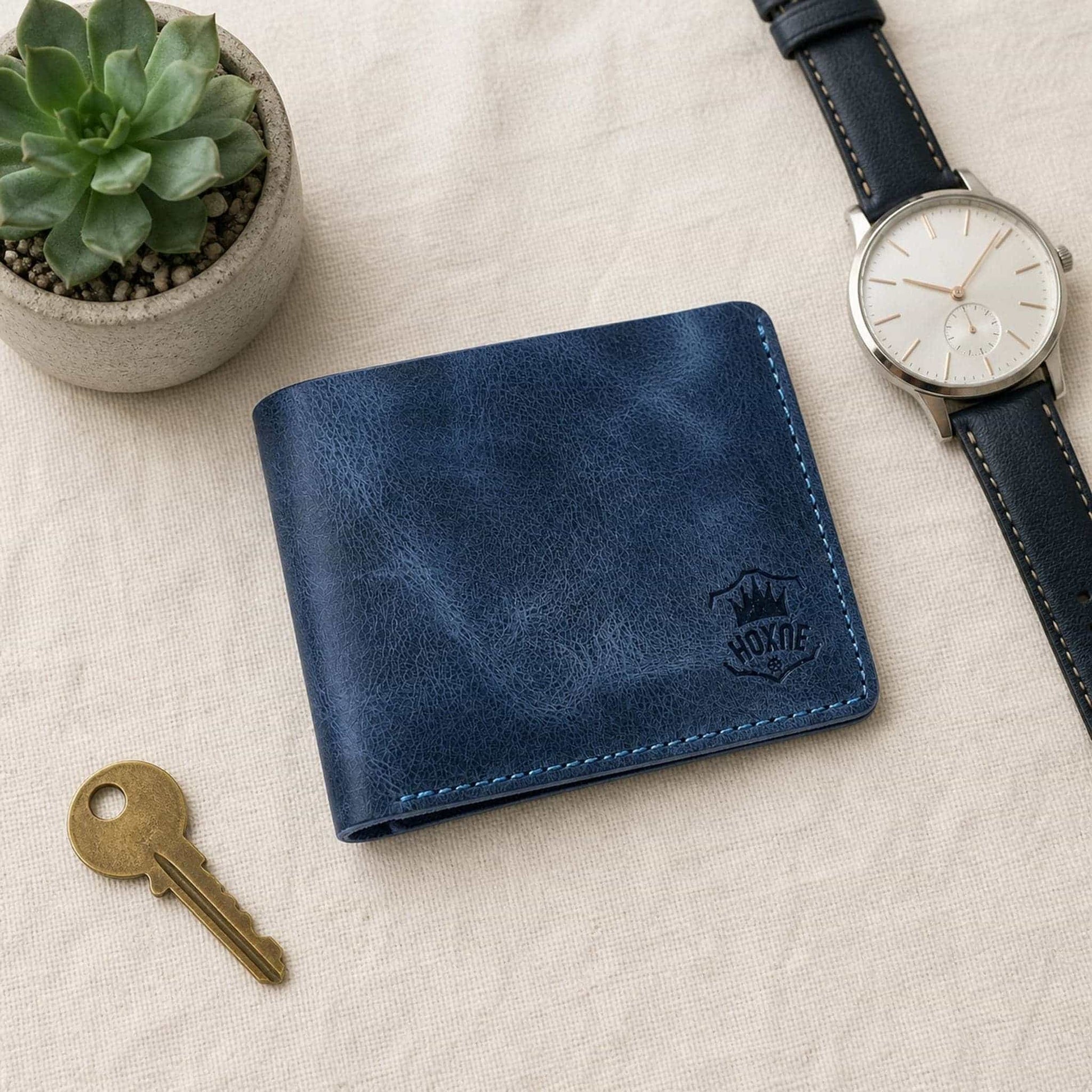 Hoxne Leather bifold wallet flat lay, premium leather goods