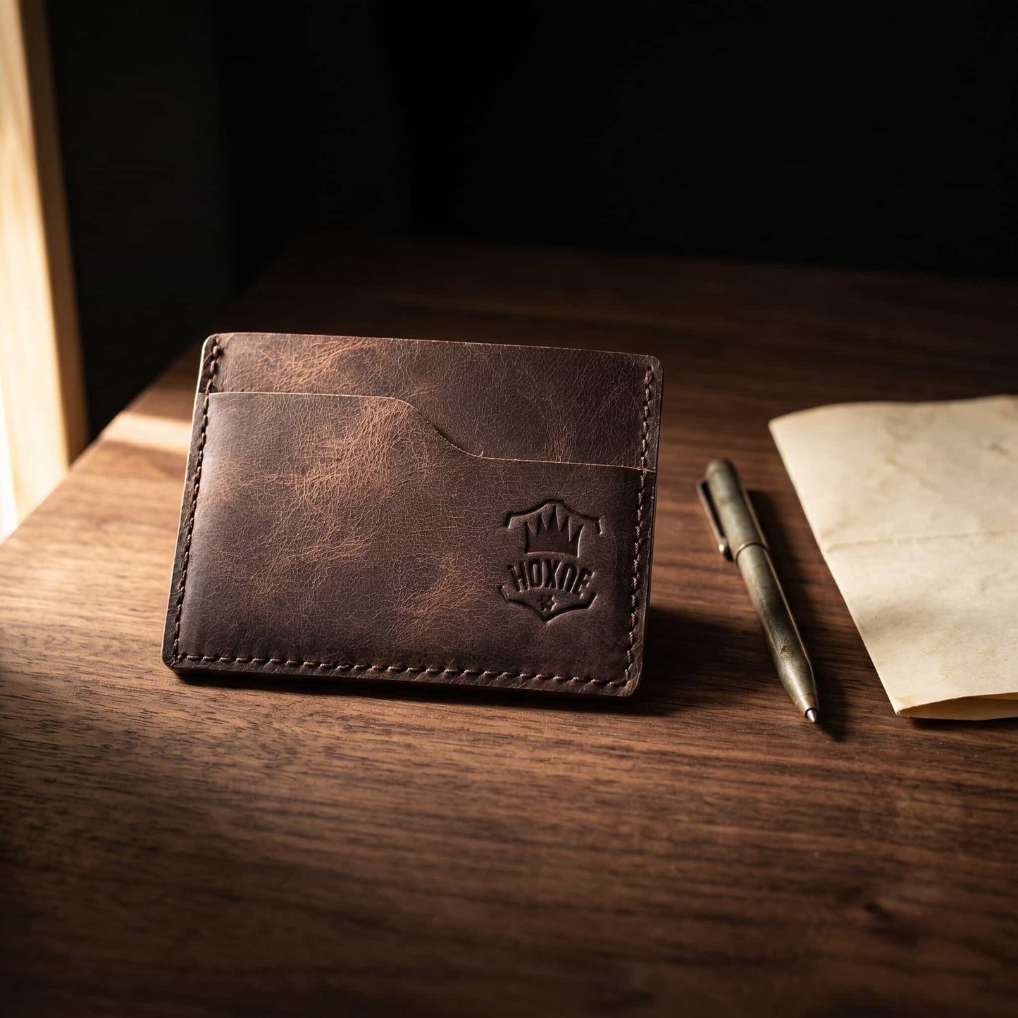 Hoxne Leather front pocket card wallet on desk, genuine leather