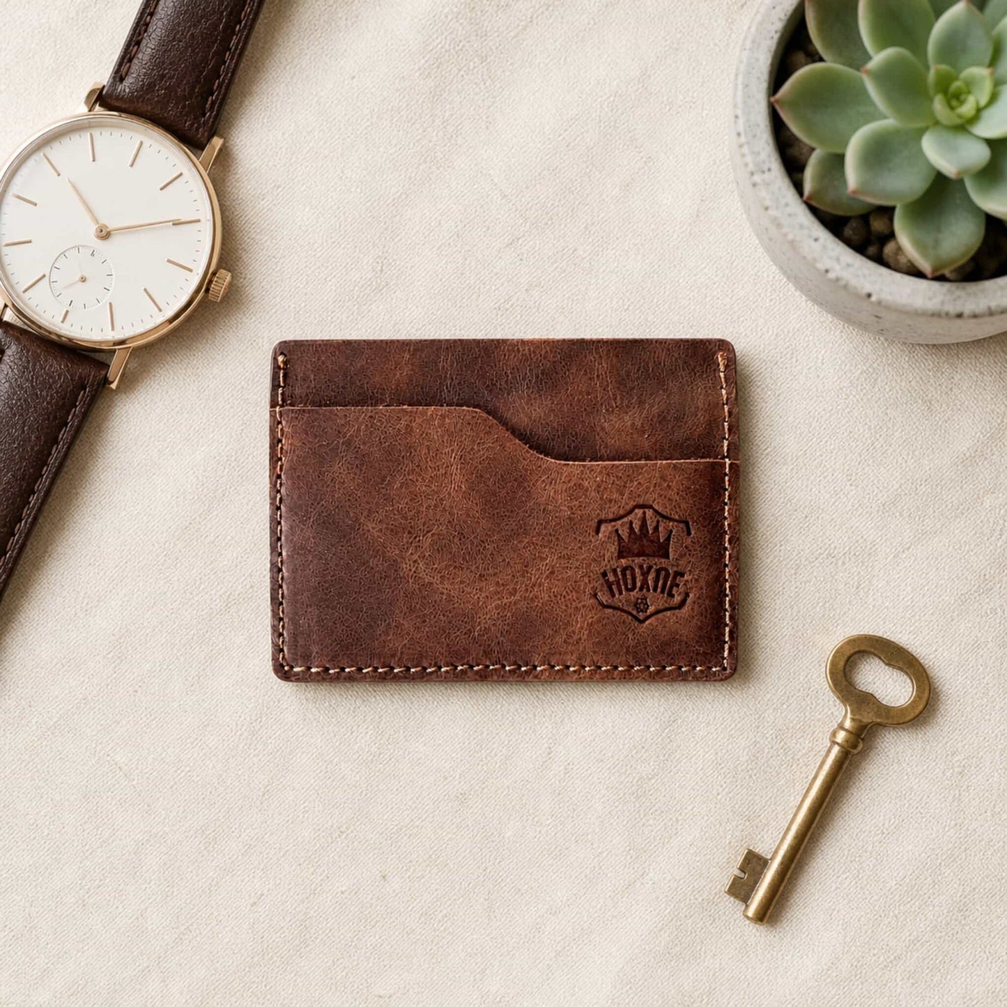 Hoxne Leather front pocket wallet flat lay, premium leather