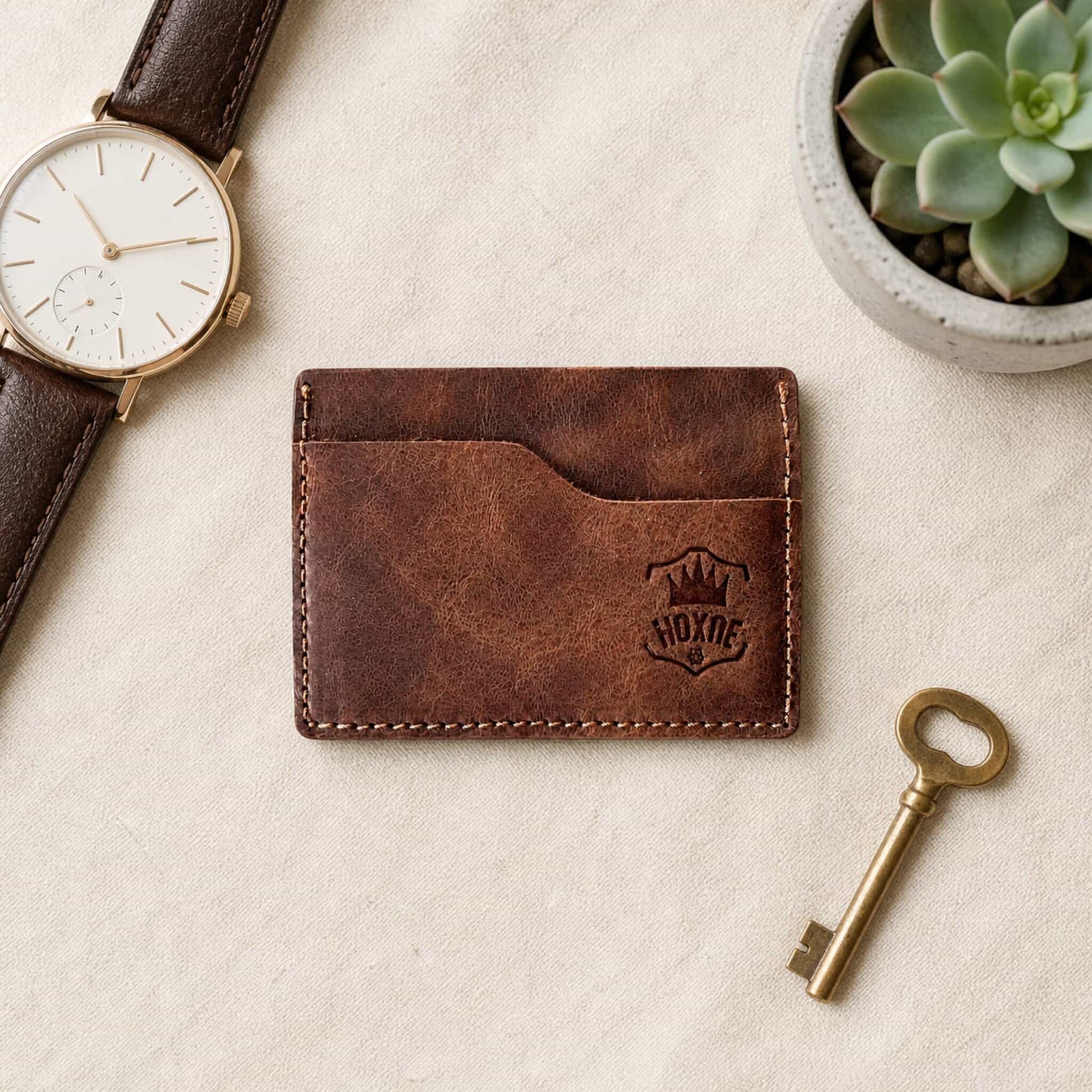 Hoxne Leather front pocket wallet flat lay, premium leather