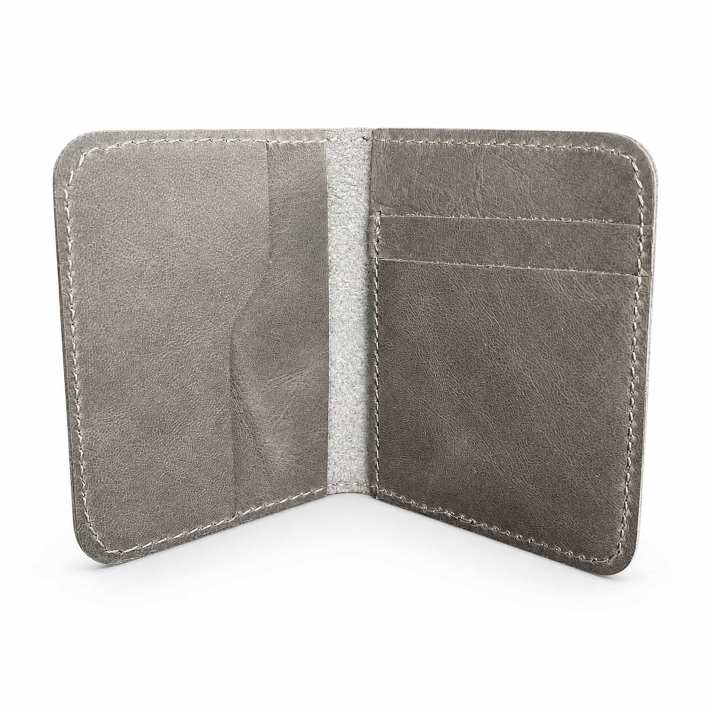 Gray full-grain leather bifold card wallet open view — Hoxne Leather