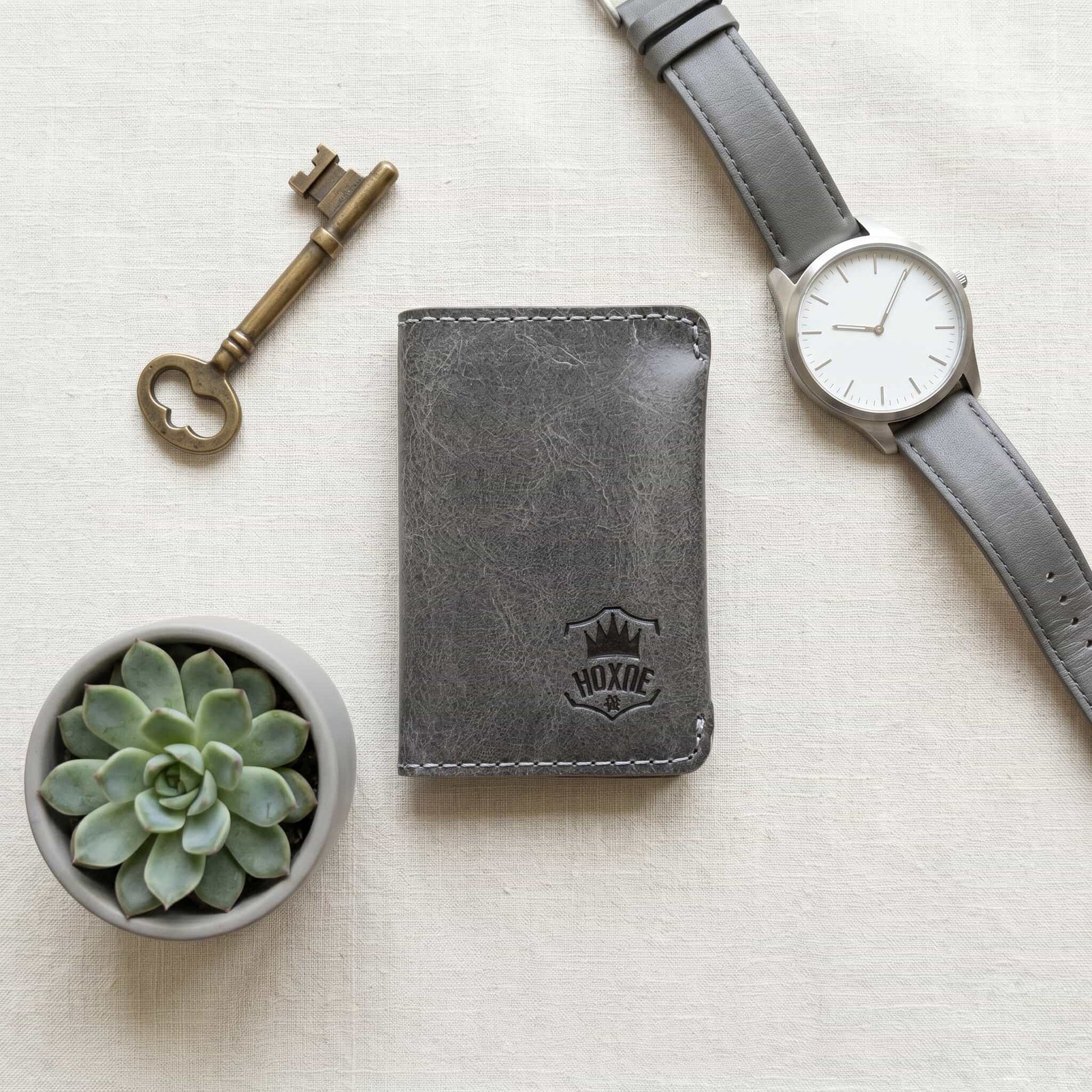 Hoxne Leather minimalist card holder flat lay, premium leather