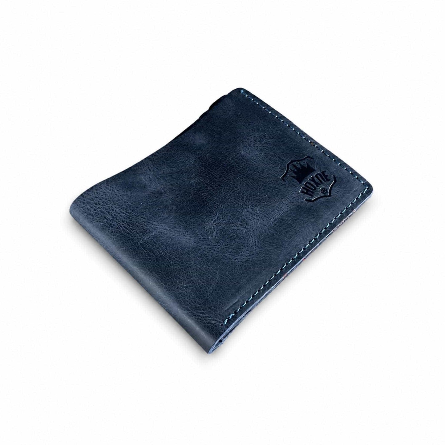 Hoxne Leather bifold wallet in navy, genuine leather front view