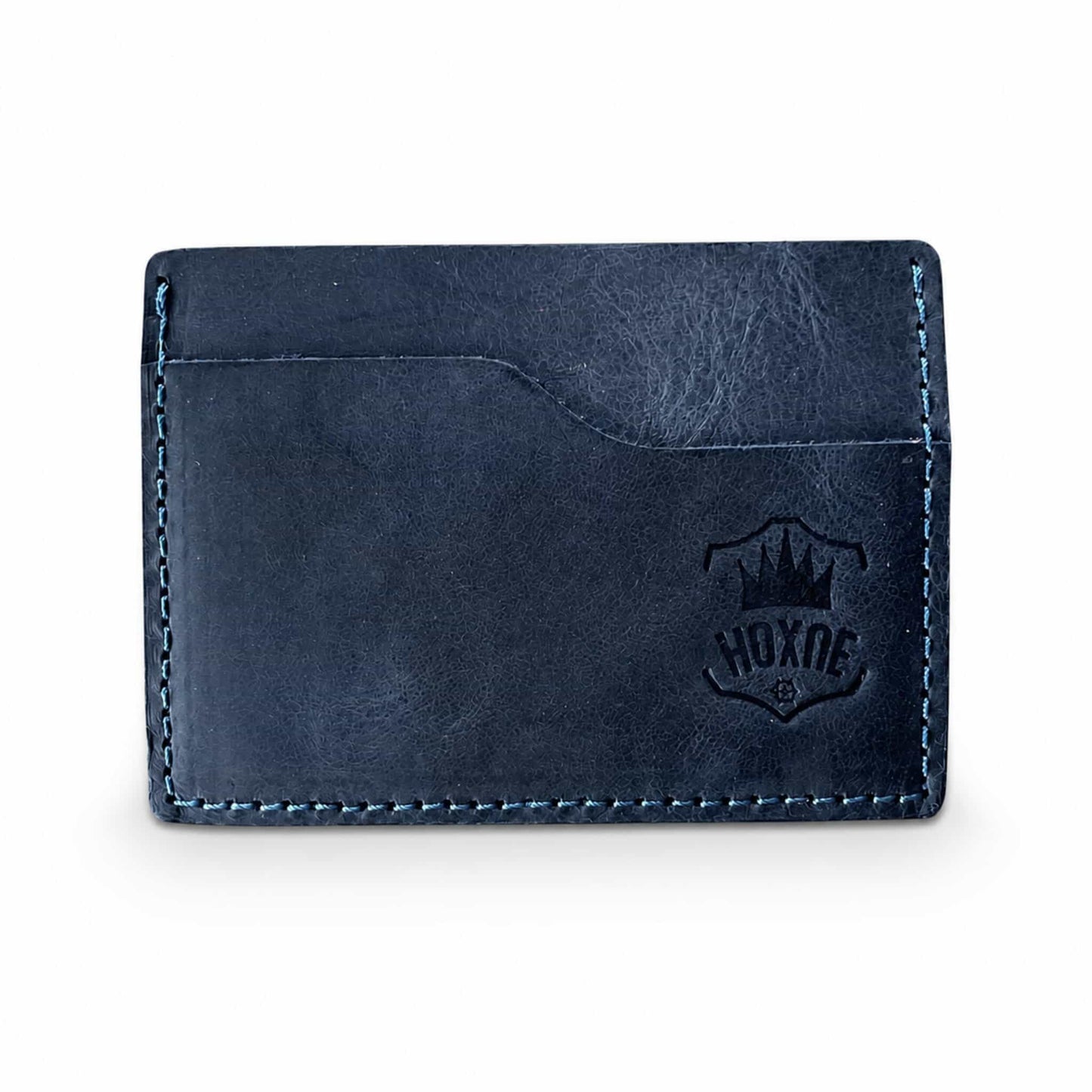 Hoxne Leather front pocket card wallet in navy, front view