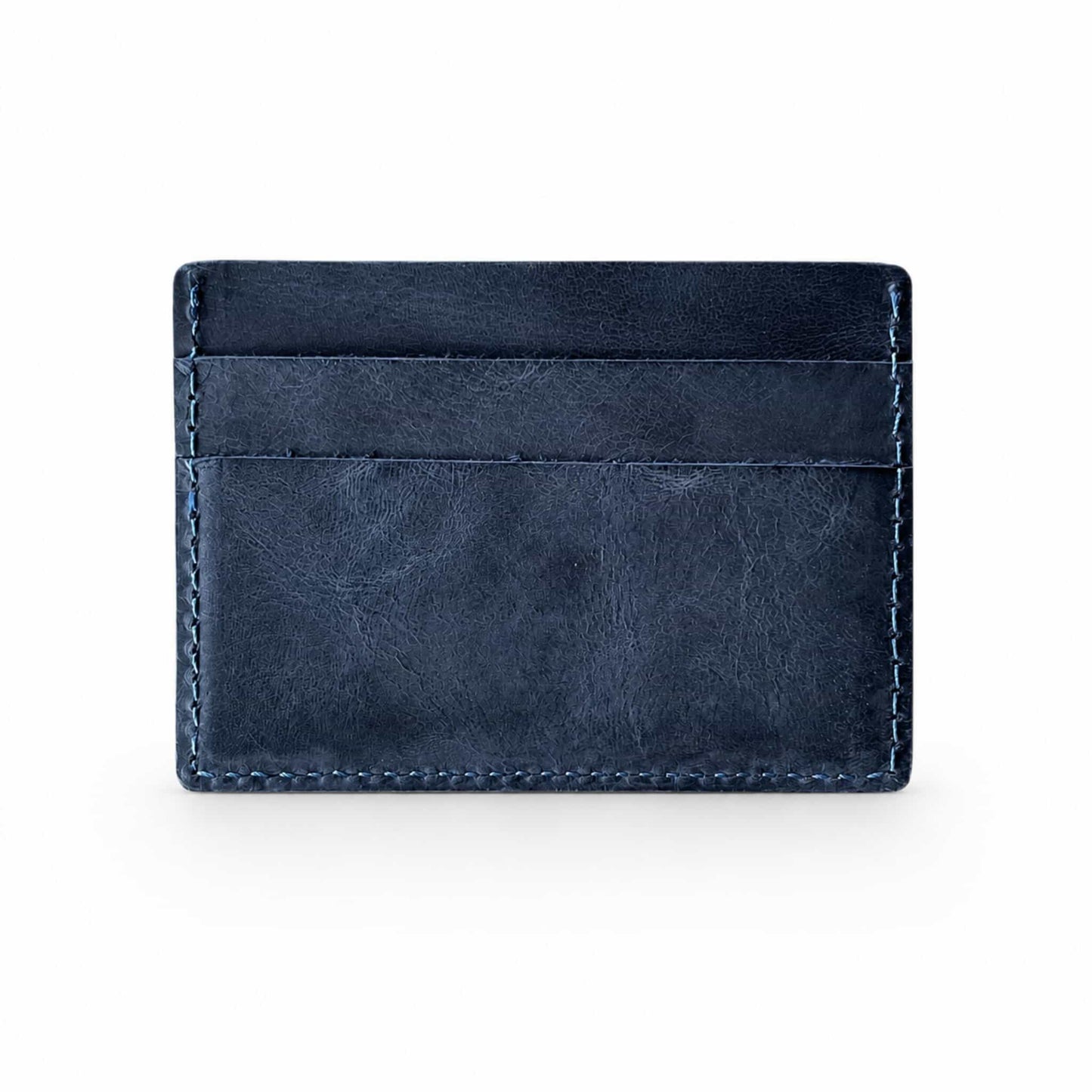 Hoxne Leather front pocket card wallet in navy, back view