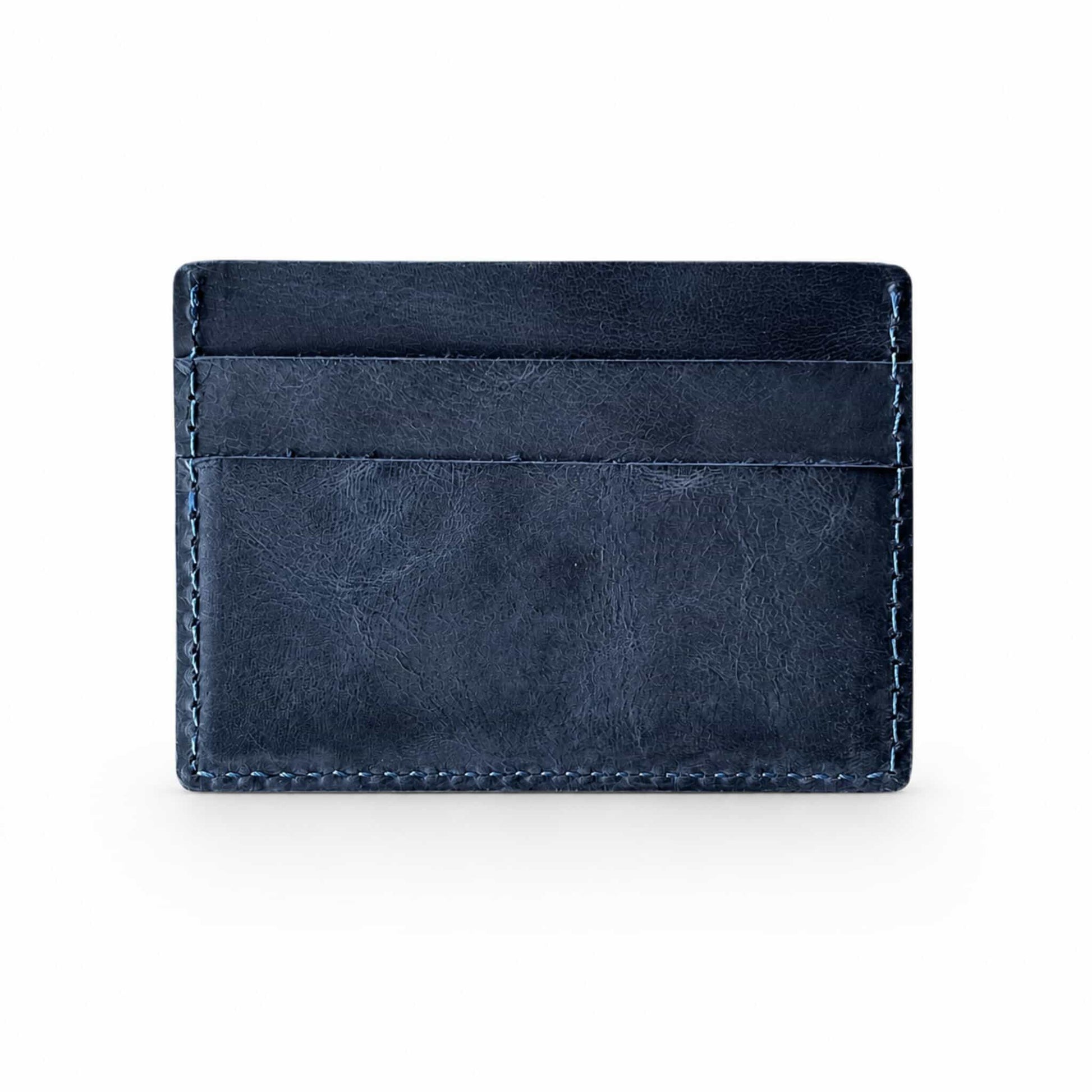 Hoxne Leather front pocket card wallet in navy, back view
