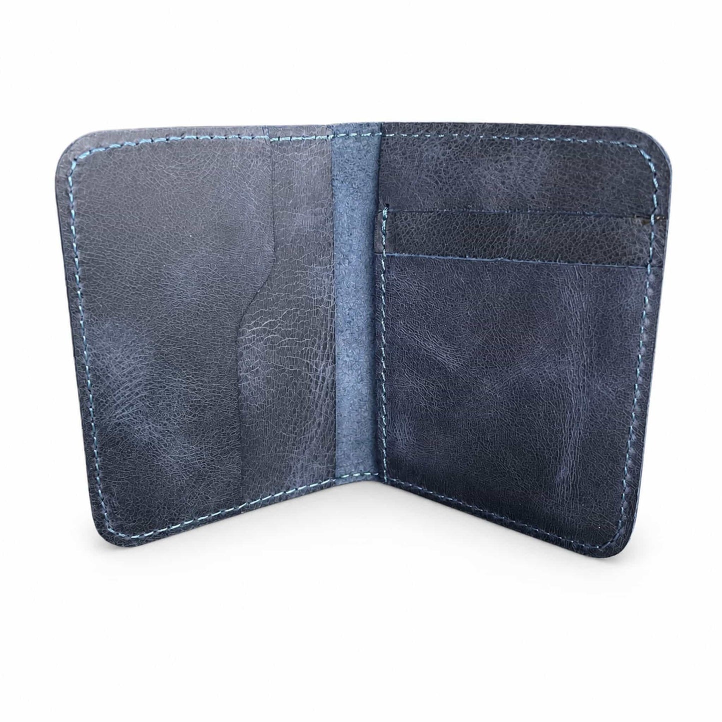 Navy blue full-grain leather bifold card wallet open view — Hoxne Leather