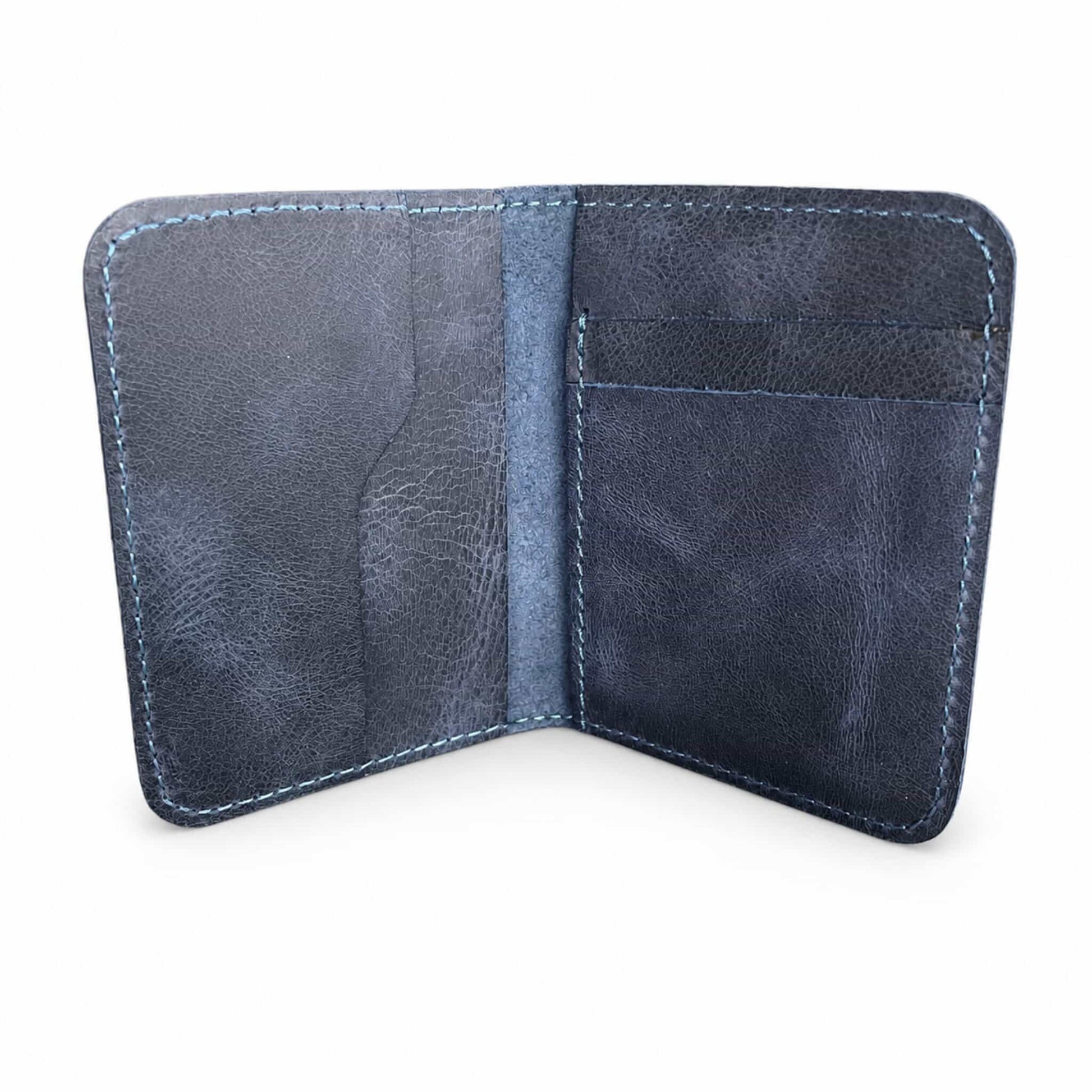 Navy blue full-grain leather bifold card wallet open view — Hoxne Leather