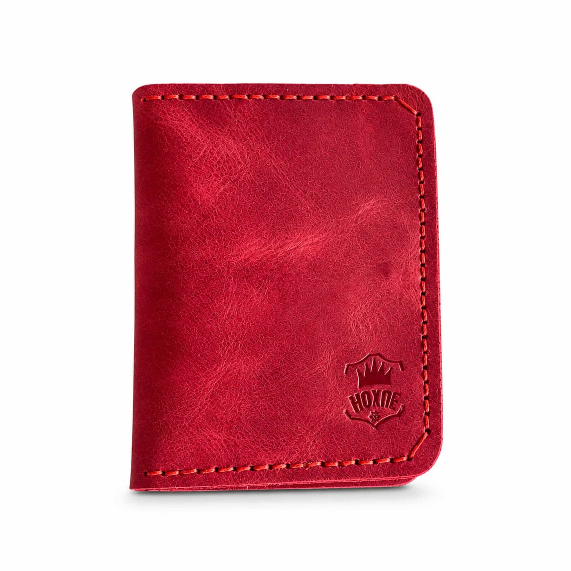 Red handmade genuine leather bifold card wallet — Hoxne Leather