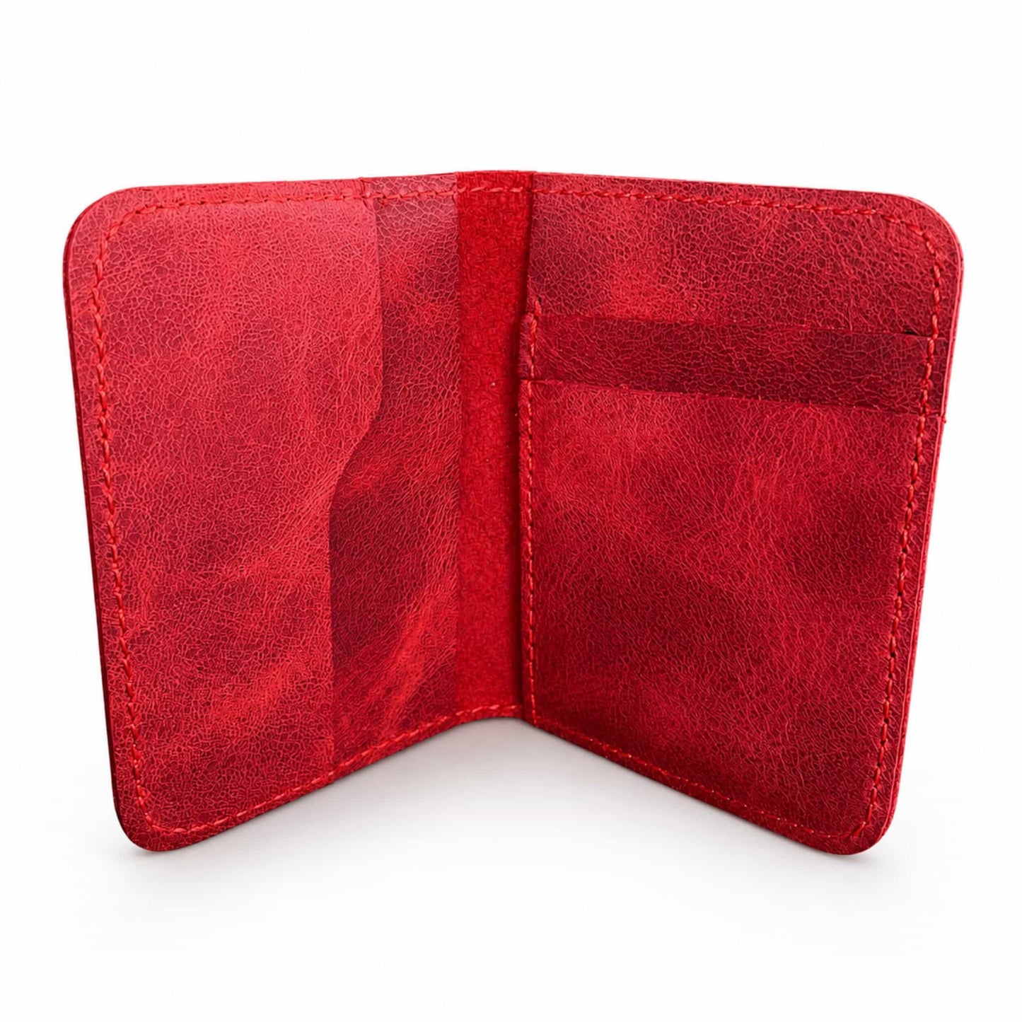 Red full-grain leather bifold card wallet open showing interior — Hoxne Leather