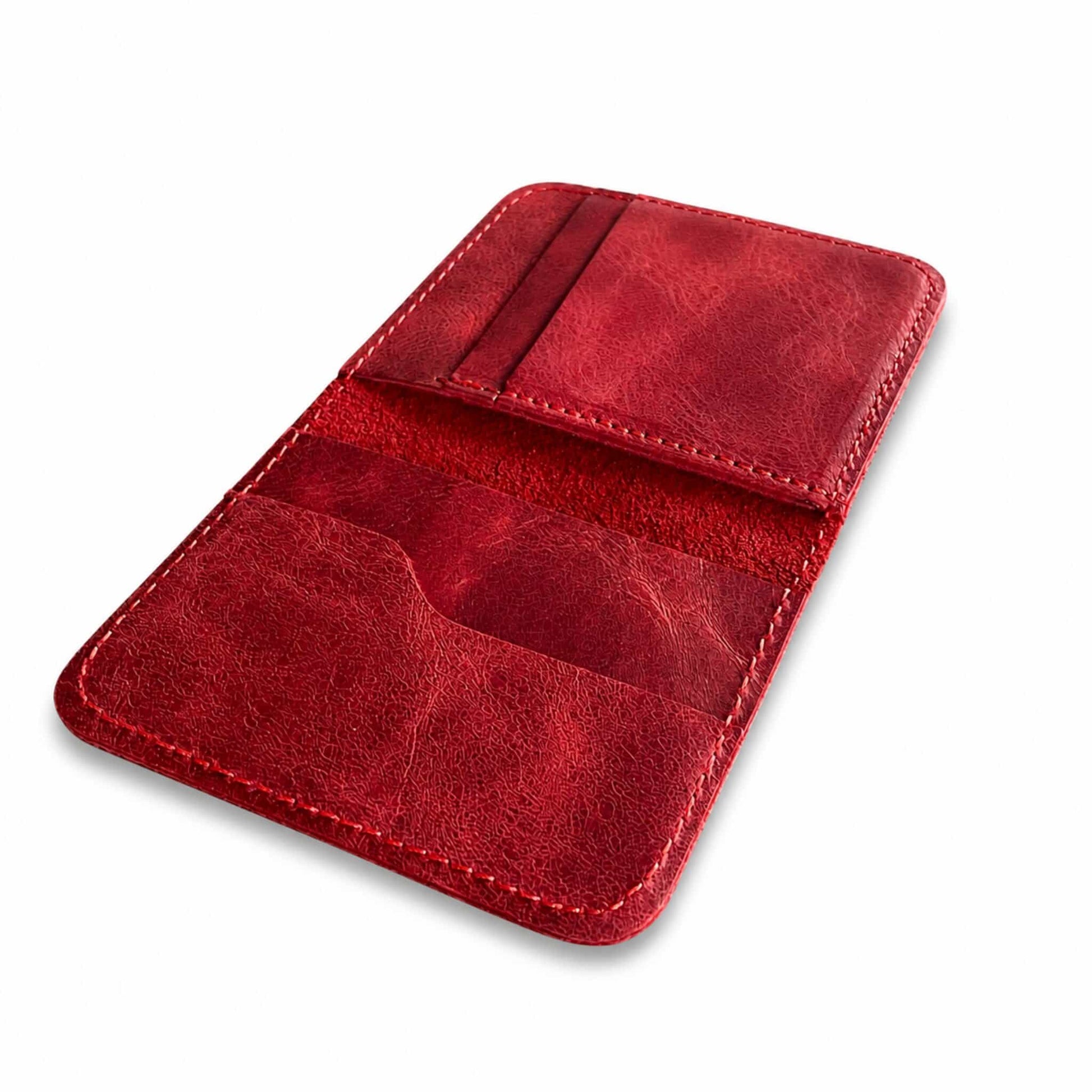 Red genuine leather bifold card wallet interior card slots — Hoxne Leather