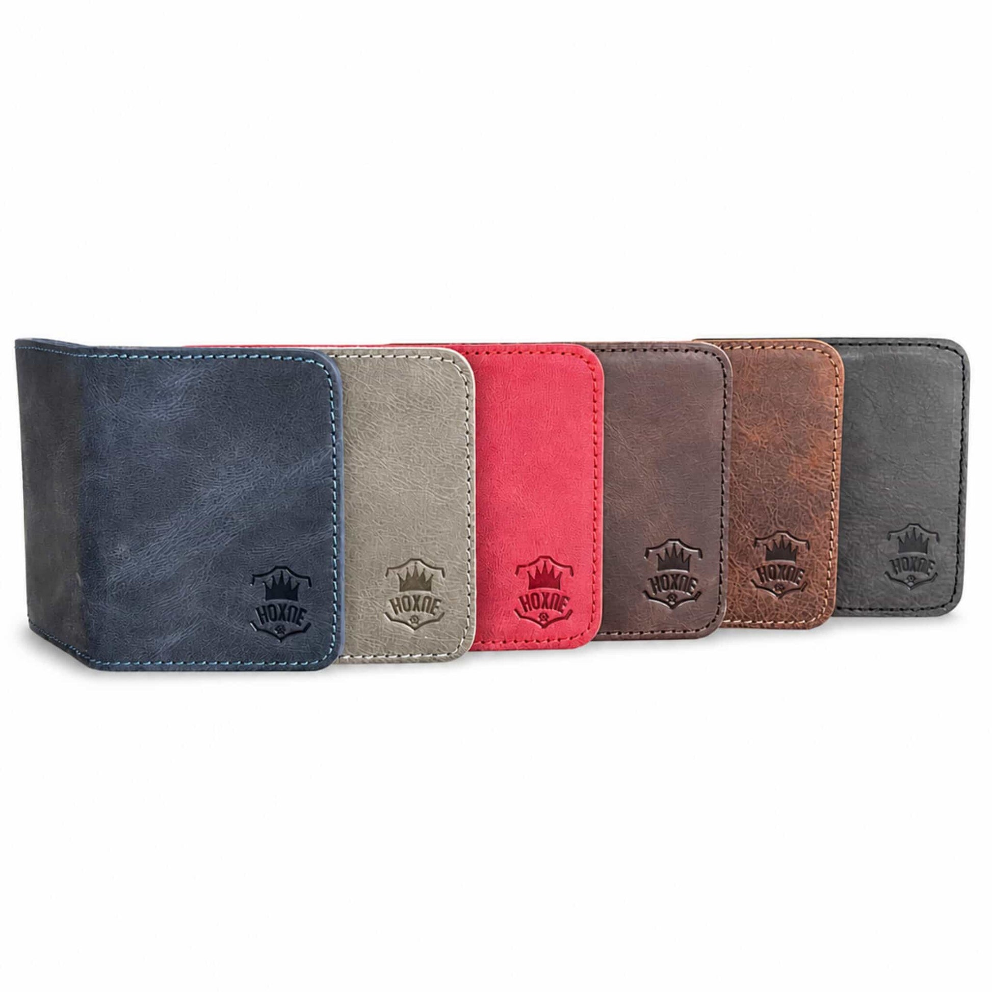 Genuine leather bifold card wallets collection dark brown camel gray navy red — Hoxne Leather